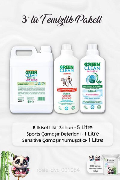 Green Clean Liquid Soap 5 Lt - Sports Laundry Detergent, Sensitive Softener 1 Lt and Rosie