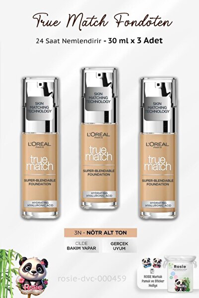 L'Oreal Paris 3 Adet Loreal Paris True Match Fondöten 3N Nötr ve ROSIE