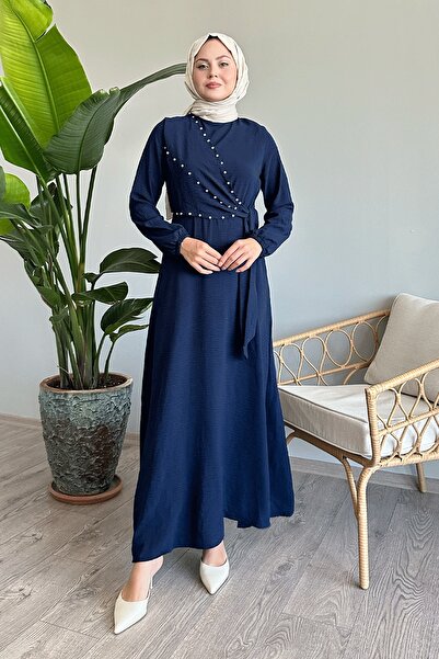 InStyle İncili Önü Bağlamalı Lacivert Ayrobin Elbise