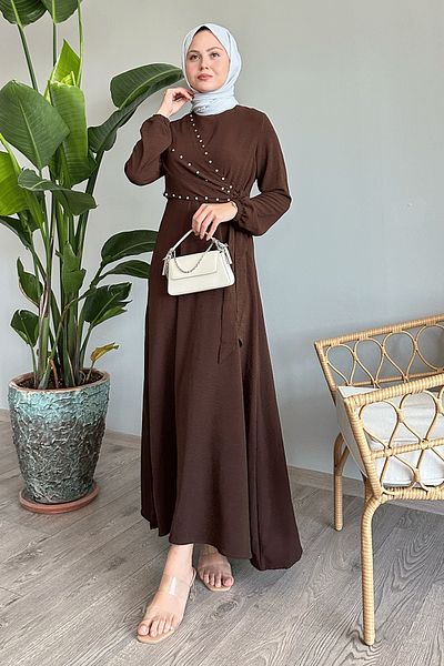 InStyle Φόρεμα Ayrobin Δέσιμο με Πικρό Καφέ Πέρλα