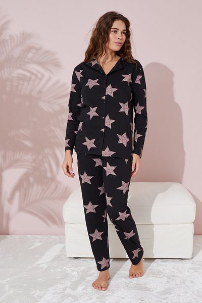 Siyah İnci Star Patterned Black Cotton Pajama Set - Buttoned