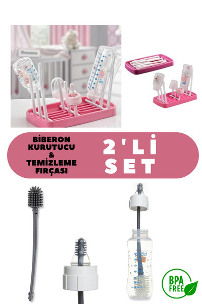 Espas Home Biberon Kurutucu ve Temizlik Fırçası 2'li Set Pembe