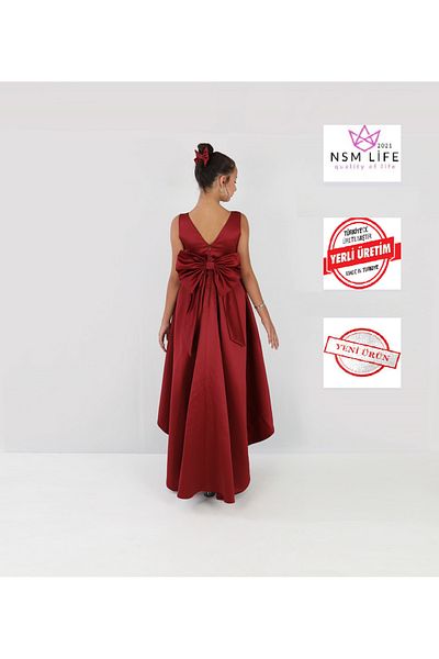 2021 NSM LİFE quality of life Burgundy Asymmetrical Girl's Dress - Birthday and Graduation Party