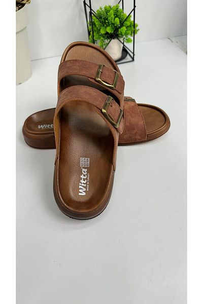 İmerShoes Ανδρικές παντόφλες Daily Tan με διπλή ρυθμιζόμενη πόρπη Άνετη σόλα οβάλ πέδιλα 54201