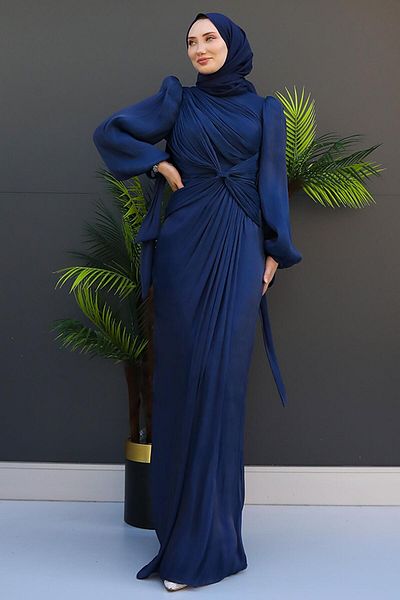 GİZ AGİYİM Βραδινό φόρεμα Navy Blue Orchid Silk