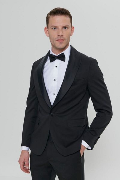 ALTINYILDIZ CLASSICS Black Slim Fit Shawl Collar Dobby Tuxedo Suit