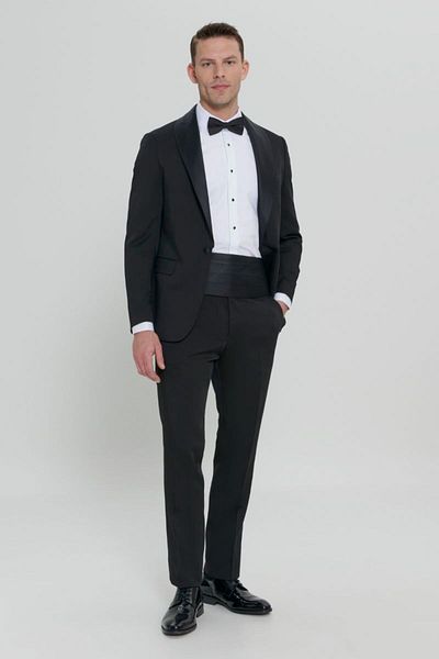 ALTINYILDIZ CLASSICS Black Slim Fit Shawl Collar Dobby Tuxedo Suit