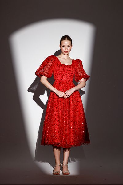 Tangül&Ali'S Moda Evi Red Midi Dress - Balloon Sleeve and Bead Embroidered