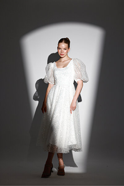 Tangül&Ali'S Moda Evi Balon Kollu Boncuk İşlemeli Beyaz Midi Elbise