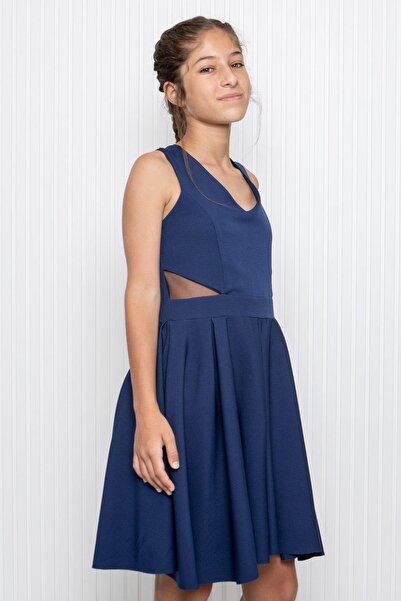 SUBU TASARIM Navy Blue V-neck Crepe Girl's Evening Dress - Mdv352