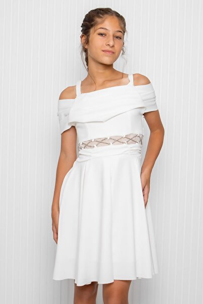 SUBU TASARIM Βραδινό φόρεμα για κορίτσια εκρού - Λεπτομέρεια μέσης MDV348