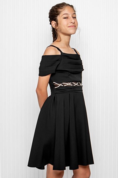 SUBU TASARIM Black Girl's Evening Dress - Waist Detailed, Mdv348