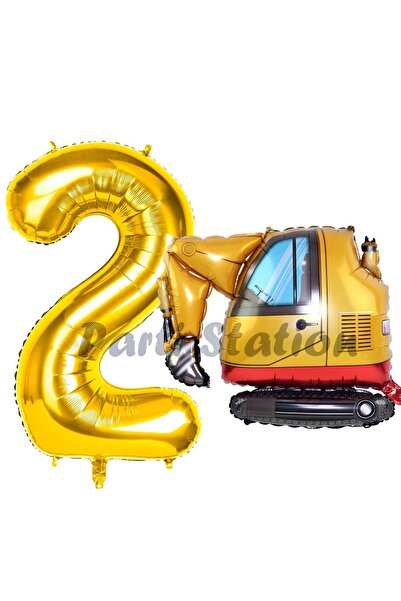 Parti Station İnşaat Kepçe Kamyon Balon 2 Yaş Doğum Günü Balon Set İş Makinal...