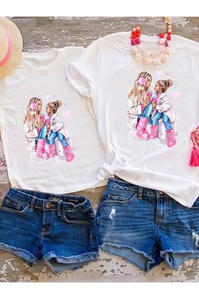 Pink Sky Heart Printed Family T-shirt - Cute Mother and Daughter Tops