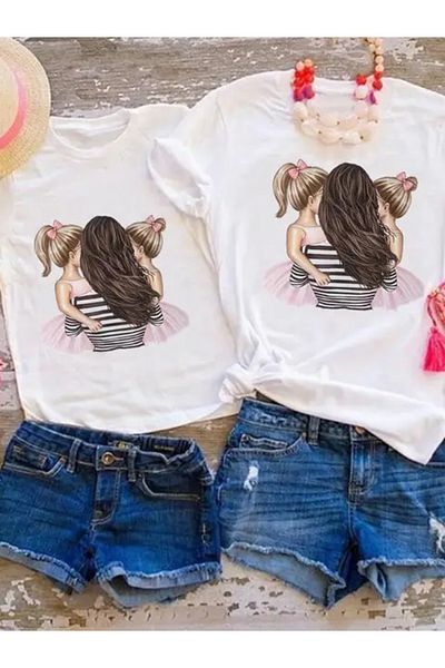 Pink Sky Îmbrăcăminte de familie - Tricou drăguț pentru mamă și fiică cu imprimeu inimă