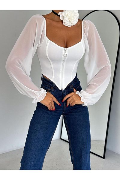 aytenli Ottoman Front Zip Chiffon Sleeve Lightweight Triangle Cut Blouse