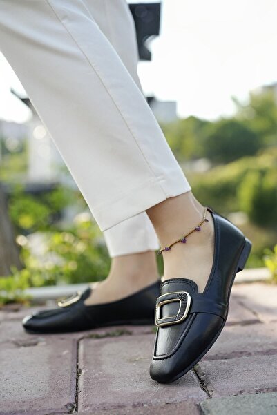 Modafırsat Women's Black Buckle Detailed Ballerina Flats Lightweight Comfortable Sole Casual Shoes