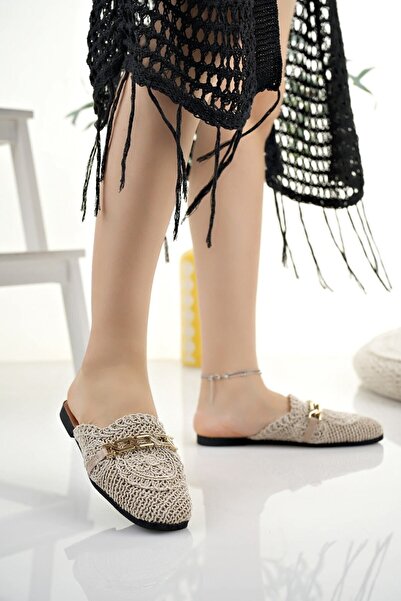 Modafırsat Papuci de femei cu paie închisă în față, papuci casual din dantelă bej, tricotați, brodați