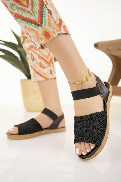 Modafırsat Women's Straw Sandals Black Mesh Lace Knitwear Embroidery Embroidered New Season Summer Beach Holiday Sandals