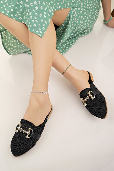 Modafırsat Γυναικείες μαύρες παντόφλες πόρπης κλειστό μπροστινό πλεκτό πέτρινο αγκράφα Λεπτομερές κομψό καλοκαιρινό σπίτι προίκας παραλίας παντόφλες διακοπών