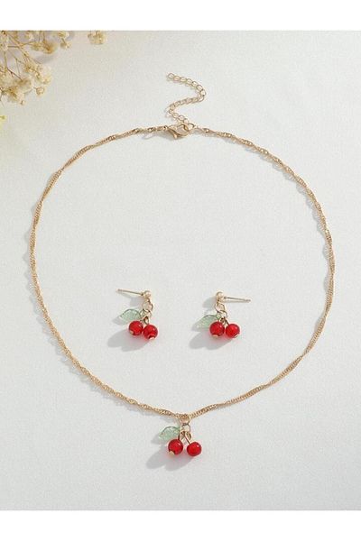 mCherry Gold Colored Cherry Necklace and Earring Set