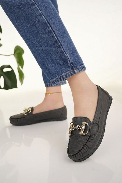 Modafırsat Women's Flats Black Chain Buckle Lightweight Comfortable Sole Stylish Casual Shoes
