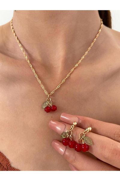 mCherry Gold Colored Cherry Necklace and Earring Set
