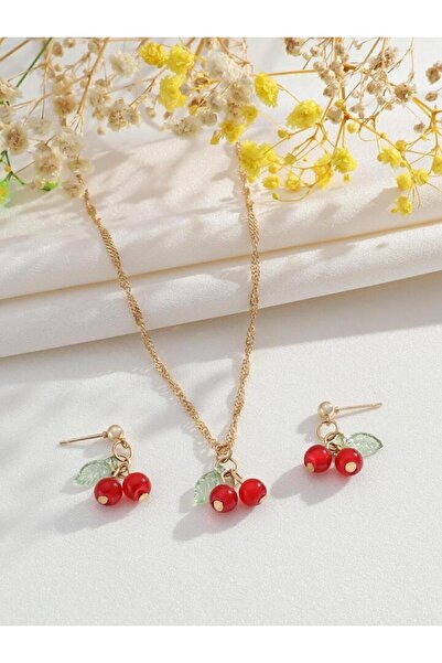 mCherry Gold Colored Cherry Necklace and Earring Set