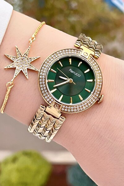 Ferrucci Kadranı Yeşil Kordonu Altın Renk 2 Yıl Garantili Kadın Kol Saati ve ...