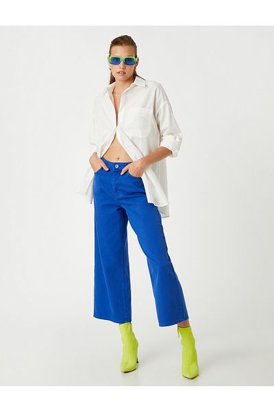 Koton Denim Trousers High Waist Wide Short Leg Jean