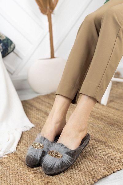 Modafırsat Gray Furry Stone Women's Slippers Furry Stone Stylish Home Slippers Fancy Dowry Birth Guest New Year Slippers