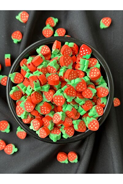 Bijumix Aksesuar 25 Adet 10mm Polimer Kil Fimo Çilek Meyve Figürlü Boncuk Tak...