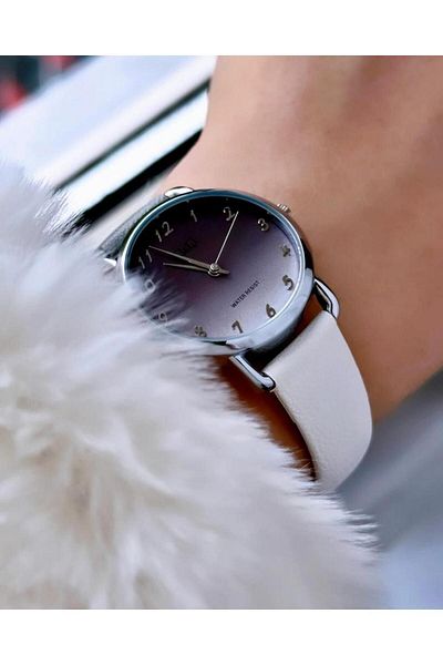 Q&Q Black and White and Metal Frame Gradient Elegant Wrist Watch - Vegan Leather