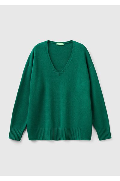 United Colors of Benetton Σκούρο πράσινο ιξώδες μαλλί - Γυναικείο πουλόβερ με λεπτομέρεια με λαιμόκοψη V
