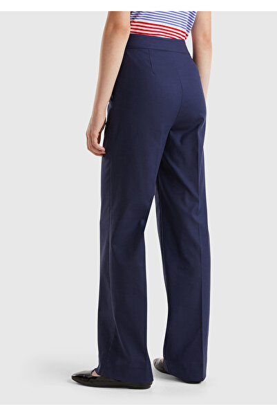 United Colors of Benetton Kadın Lacivert Pamuk ve Viskoz Karışımlı Düğme Detaylı Geniş Paça Pantolon