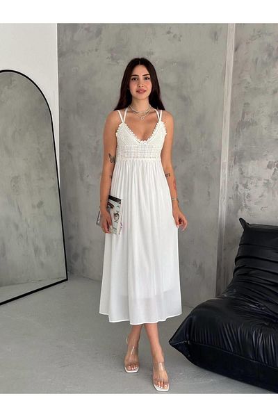 MsLena Butik Λευκό μακρύ καλοκαιρινό φόρεμα - λουράκι και φόδρα, No499-1440