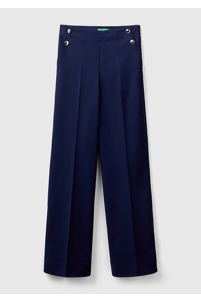 United Colors of Benetton Navy Blue Cotton-viscose Mix - Women's Wide Leg Trousers with Button Detail