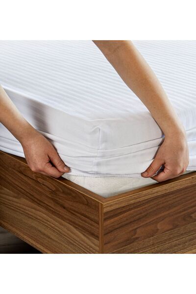 VAVEY White Double Striped Cotton Satin Sheet Set - 180x200cm Elastic Pillowcase 50x70