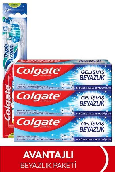 Colgate Advanced Whiteness Whitening Toothpaste 3 X 75 Ml, Triple Effect Medium Toothbrush