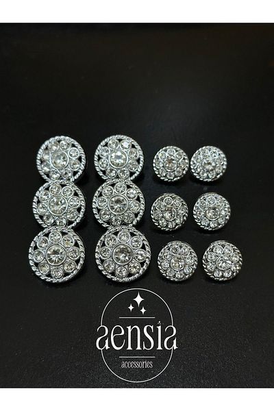 aensia Stoned and Twisted Silver Flower Model Plastic Button Set - Pack of 12 (6 Large + 6 Small)