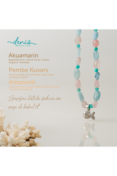 Deniz Doğal Taş Balık Akuamarin - Pembe Kuvars - Amazonit Gümüş Tasarım Kolye