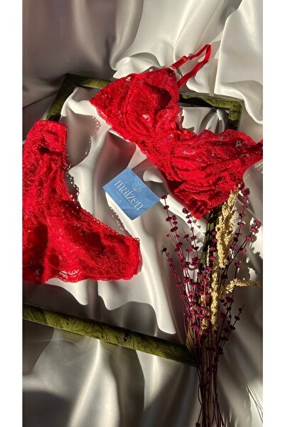 MAİZEN Women's Capless Gathering Underwire Red Lace Brazilian Bra Set