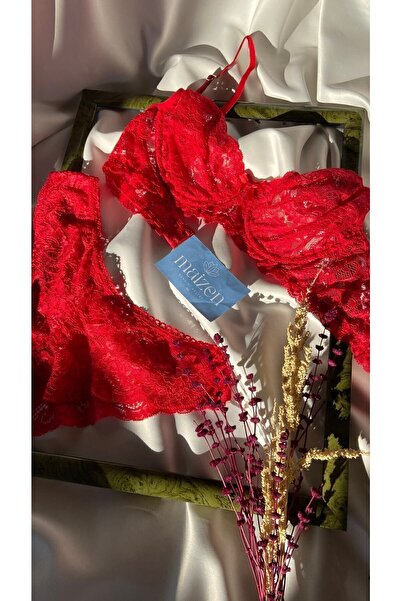 MAİZEN Women's Capless Gathering Underwire Red Lace Brazilian Bra Set