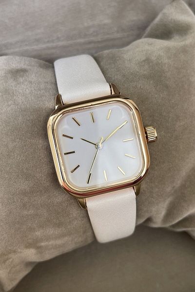 Leerybee White Leather Band - Minimal Case Square Dial Gold White Elegant Wristwatch with Special Box