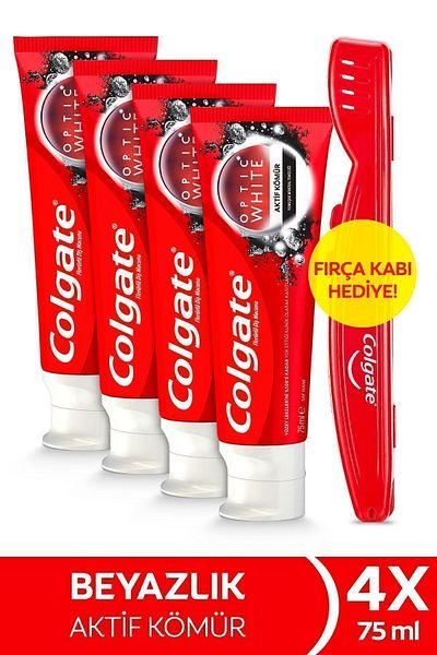Colgate Optic White Activated Charcoal Whitening Toothpaste 75 ml X 4 Pcs + Brush Container Gift