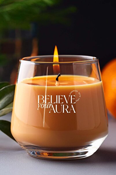 Believe Your Aura Vanilya Kokulu Turuncu Mum - %100 Doğal Soya Mumu Aromaterapi ve Dekoratif Kokulu Mum - 300 cc