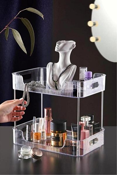 Flosoft 2-Tier Makeup Organizer, Multi-Purpose Decorative Cosmetic Jewelry Accessory Organizer