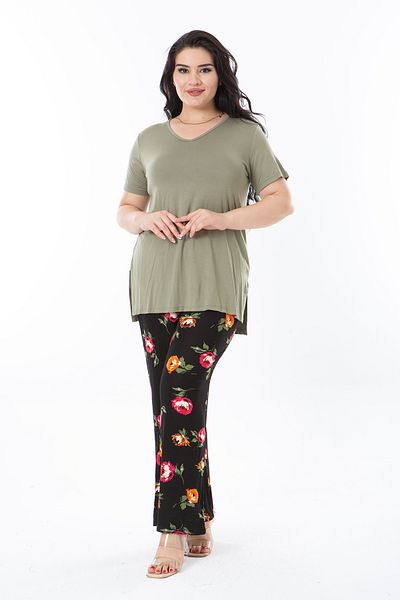 Şans Set bluză și pantaloni de mărime mare cu decolteu în V kaki - mânecă scurtă 65N38219