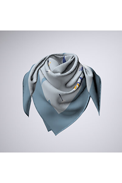 Modabutik Kadın Mavi Çiçek Desenli Bandana 70x70 DG0157-22