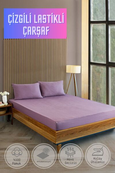 VAVEY Set cearșaf de pat cu dungi din satin din bumbac mov - 180x200cm față d...